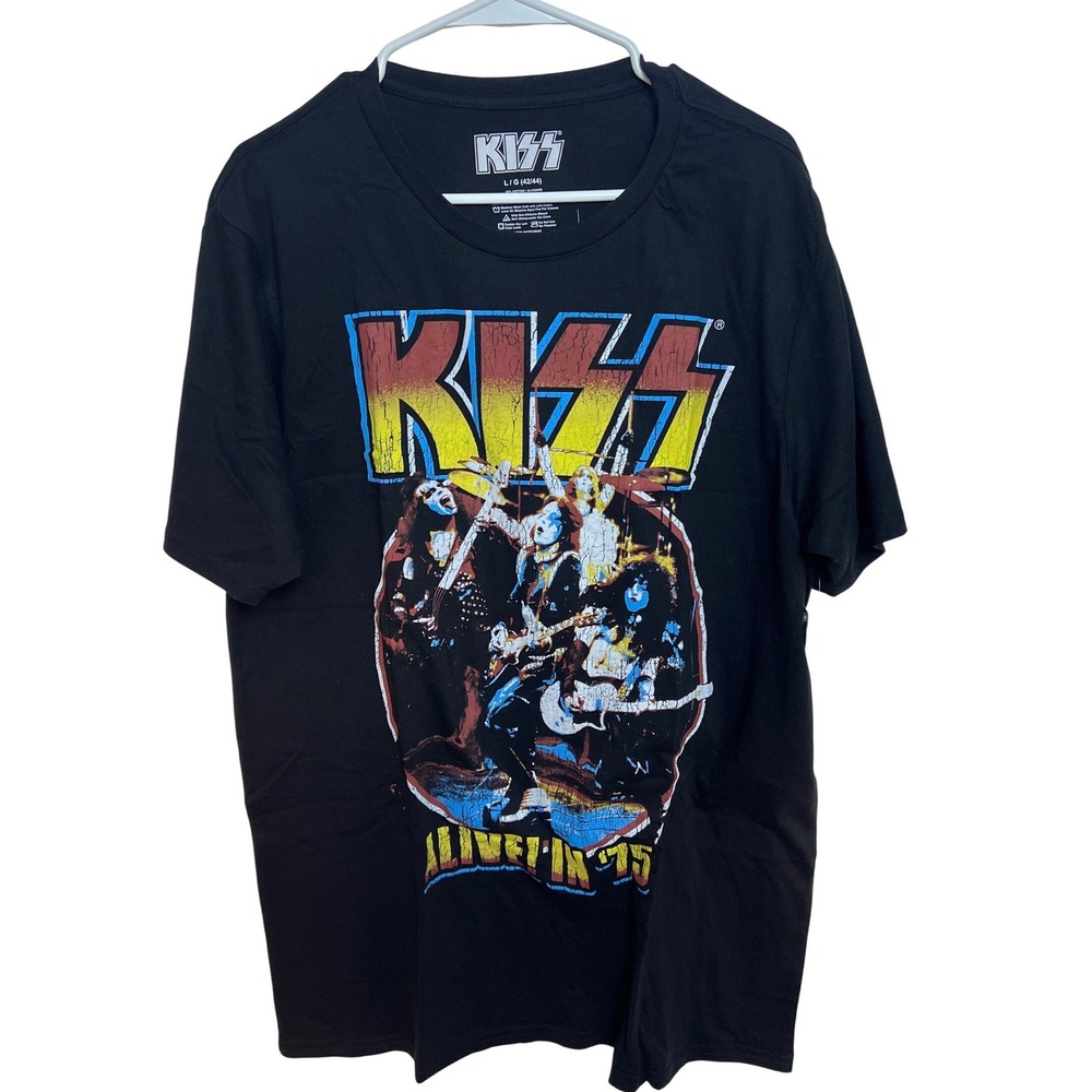 KISS Alive in 75 Graphic T-Shirt Mens L Black Rock‎ Band Mad Engine Distressed